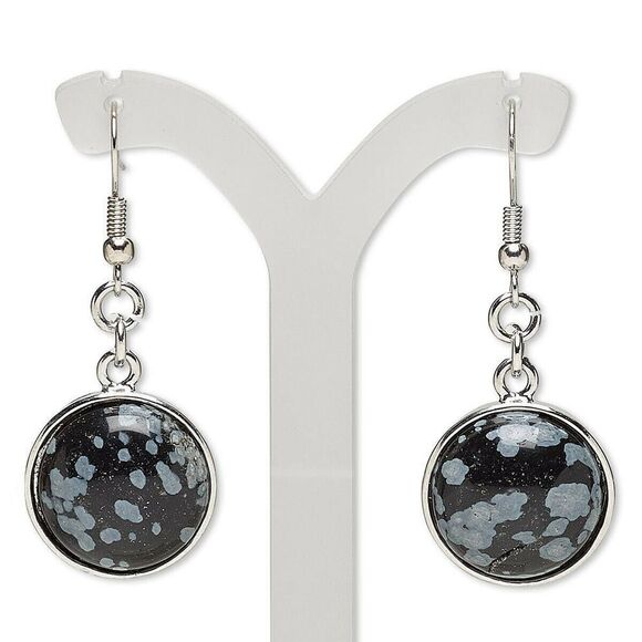 Handcrafted Natural Snowflake Obsidian Gemstone Cabochon Silver Dangle Earrings - Picture 1 of 1